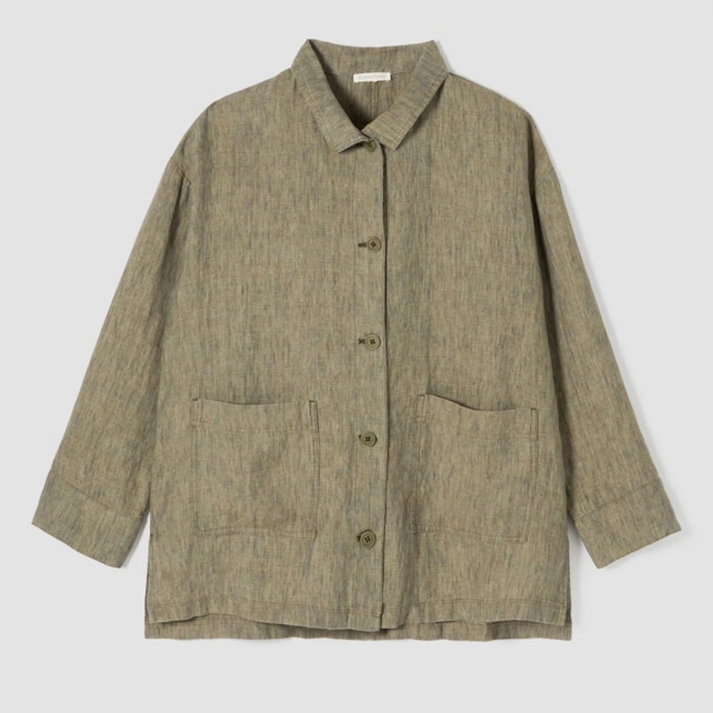 Eileen Fisher 100% organic linen green boxy relaxed fit stand collar jacket S
